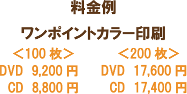 料金例　ワンポイントカラー印刷　DVD100枚9200円、CD100枚8800円、　DVD200枚21600円、CD200枚20000円